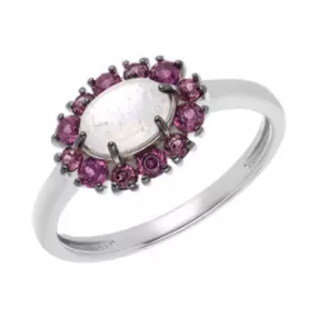 Серебряное кольцо с лунным камнем и родолитами