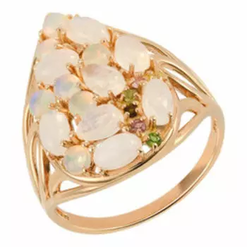 Серебряное кольцо с лунным камнем, натуральными опалами и турмалинами