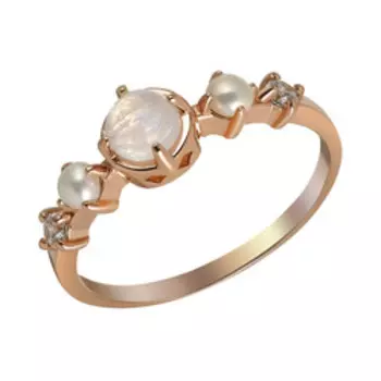 Серебряное кольцо с лунным камнем, жемчугом и фианитами