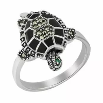 Серебряное кольцо с марказитом, ониксом и цирконием "Черепашка"