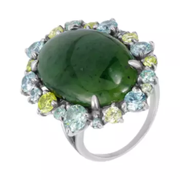Серебряное кольцо с нефритом и цветными фианитами