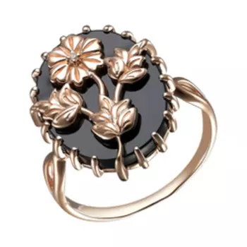 Серебряное кольцо с ониксом и фианитом "Цветы"