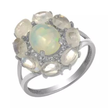Серебряное кольцо с опалом, лунным камнем и фианитами