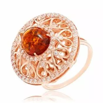 Серебряное кольцо с янтарем и фианитами