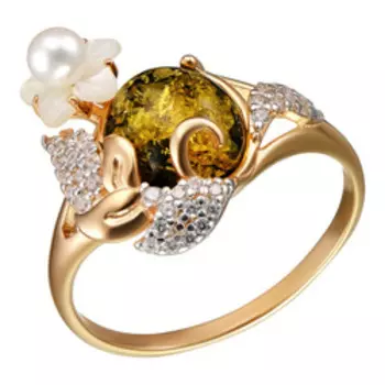 Серебряное кольцо с янтарем, перламутром и жемчугом "Цветок"