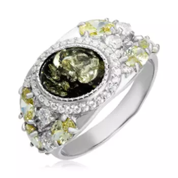 Серебряное кольцо с зеленым янтарём и фианитами