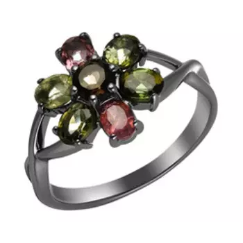 Серебряное кольцо с раухтопазом и турмалинами "цветок"