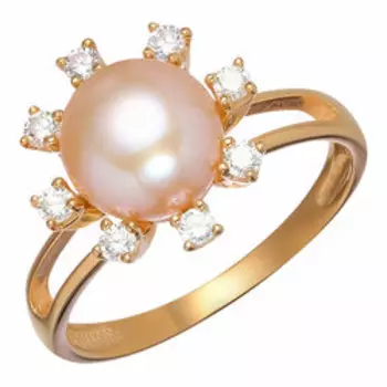 Серебряное кольцо с розовым жемчугом и фианитами "Цветок"