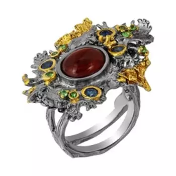 Серебряное кольцо с рубином, голубыми сапфирами и цаворитами