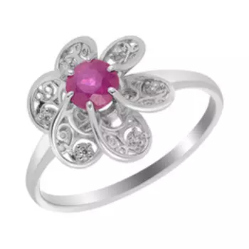 Серебряное кольцо с рубином и фианитами "Цветок"