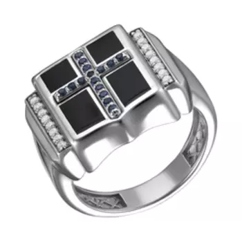 Серебряное кольцо с сапфирами, фианитами и эмалью "Крест"