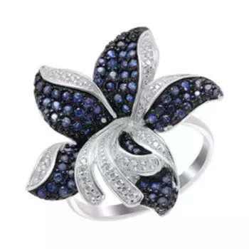 Серебряное кольцо с сапфирами и фианитами "Цветок"