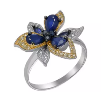 Серебряное кольцо с сапфирами и фианитами "Цветок"