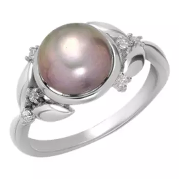 Серебряное кольцо с серым жемчугом и фианитами