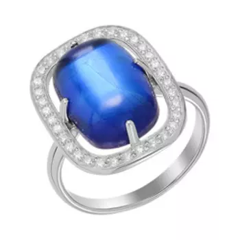 Серебряное кольцо с синим янтарем и фианитами