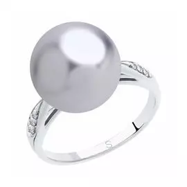 Серебряное кольцо с сиреневым жемчугом Swarovski и фианитами