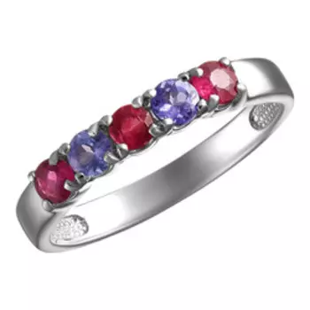 Серебряное кольцо с танзанитами и рубинами