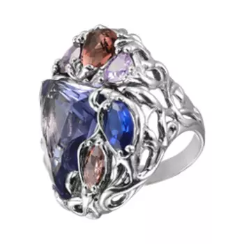 Серебряное кольцо с танзанитовым кварцем и фианитами