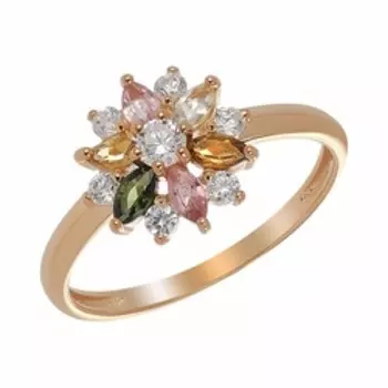 Серебряное кольцо с турмалинами и фианитами "Цветок"