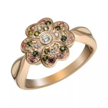 Серебряное кольцо с турмалинами и фианитами "Цветок"