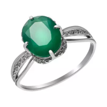 Серебряное кольцо с зеленым агатом и фианитами