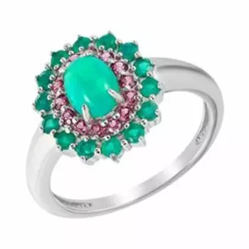 Серебряное кольцо с зеленым опалом, агатом и родолитом