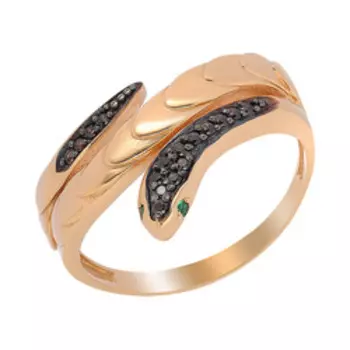 Серебряное кольцо с зелеными и коричневыми фианитами "Змея"