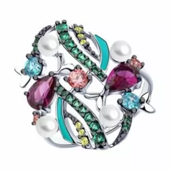 Серебряное кольцо с жемчугом, эмалью и фианитами