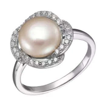 Серебряное кольцо с жемчугом и фианитами