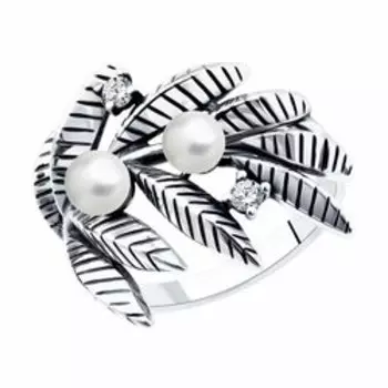 Серебряное кольцо с жемчугом и фианитами
