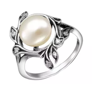 Серебряное кольцо с жемчугом и фианитами