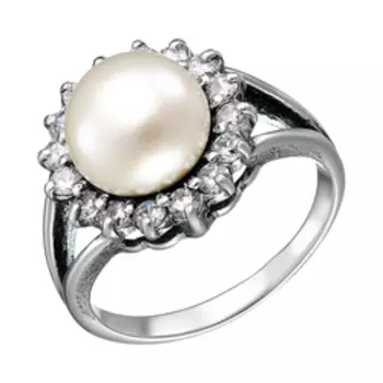 Серебряное кольцо с жемчугом и фианитами "Цветок"