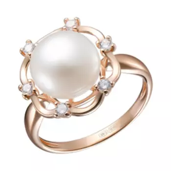 Серебряное кольцо с жемчугом и фианитами "Цветок"