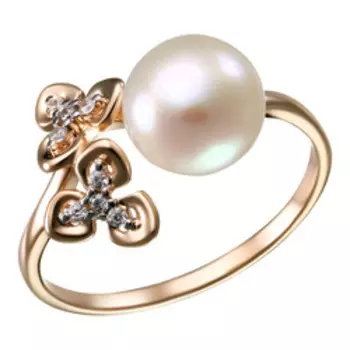 Серебряное кольцо с жемчугом и фианитами "Цветы"