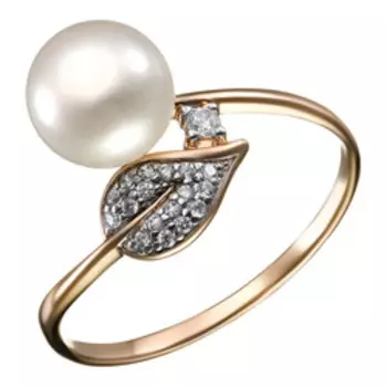 Серебряное кольцо с жемчугом и фианитами "Листик"