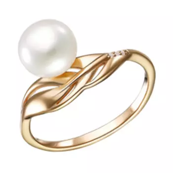 Серебряное кольцо с жемчугом и фианитами "Листок"