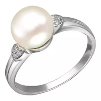 Серебряное кольцо с жемчугом и фианитами "Сердечки"