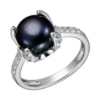 Серебряное кольцо с жемчугом и россыпью фианитов