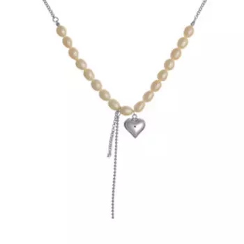 Серебряное колье с жемчугом плетение "Ролло" "Сердце"