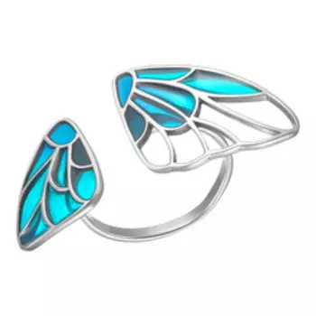 Серебряное незамкнутое кольцо с эмалью "Крылья"