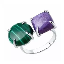 Серебряное незамкнутое кольцо с чароитом и малахитом