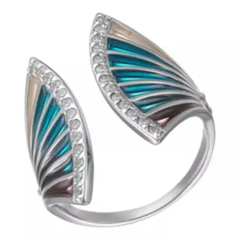 Серебряное незамкнутое кольцо с фианитами и эмалью