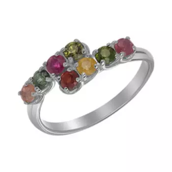Серебряное незамкнутое кольцо с мультитурмалинами