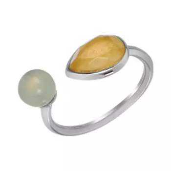 Серебряное незамкнутое кольцо с жадеитом и кальцитом