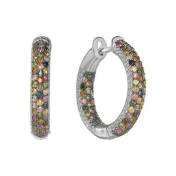 Серебряные серьги-конго с разноцветными турмалинами и фианитами