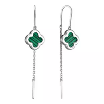 Серебряные серьги-протяжки с малахитами "Клевер"