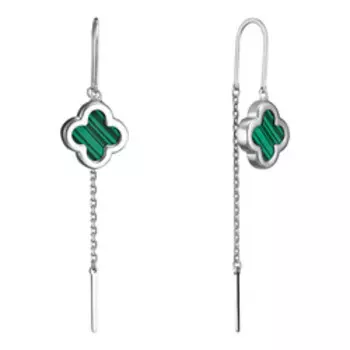 Серебряные серьги-протяжки с малахитами "Клевер"
