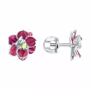 Серебряные серьги-пусеты с эмалью и фианитами "Цветы"