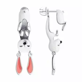 Серебряные серьги-пусеты с эмалью "Кролики"