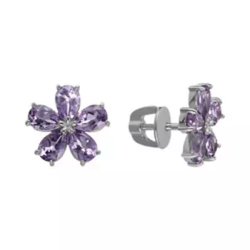 Серебряные серьги-пусеты с аметистами "Цветы"